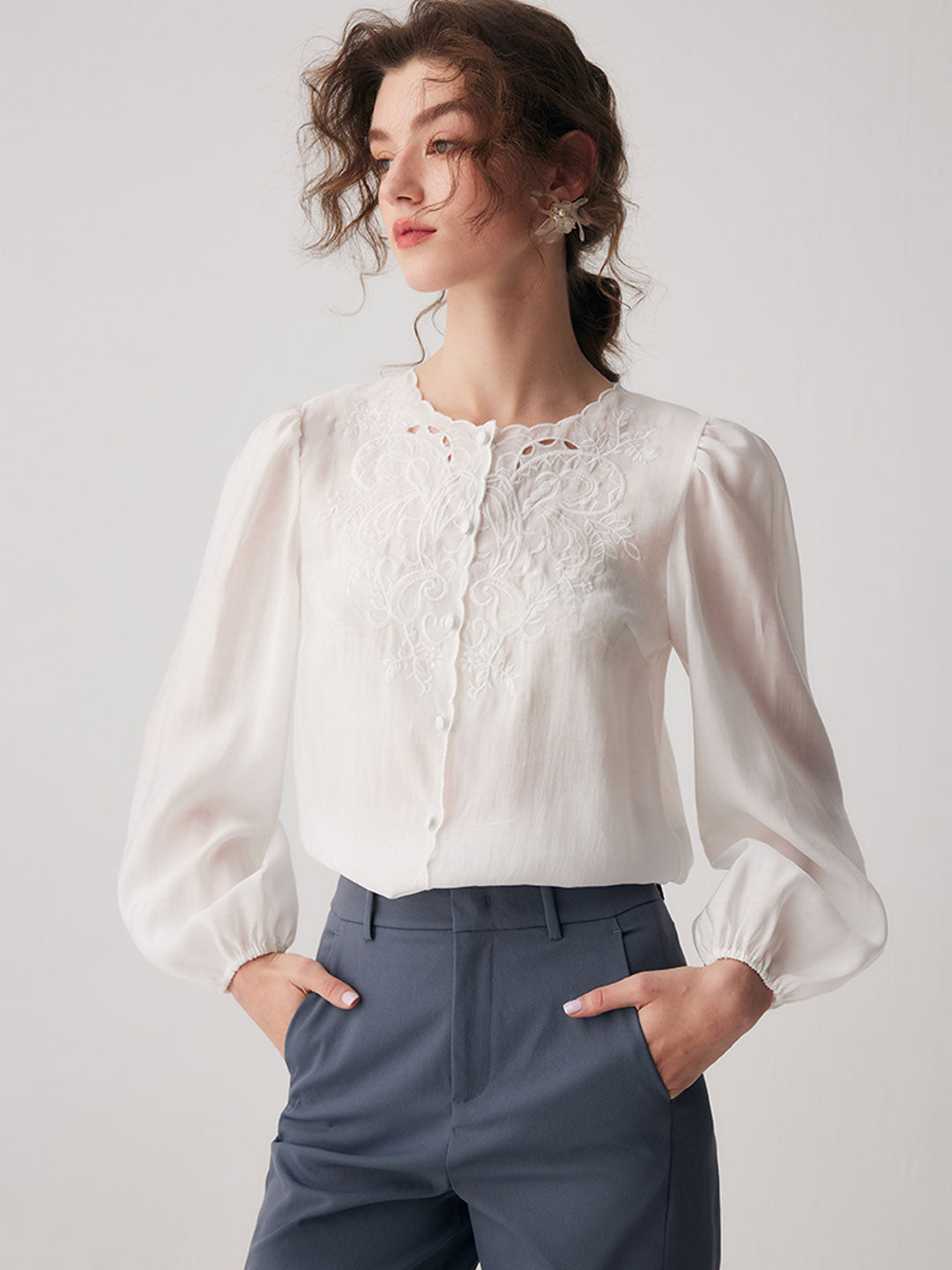 Jocelyn Elegant Embroidered Lantern Sleeve Shirt-White