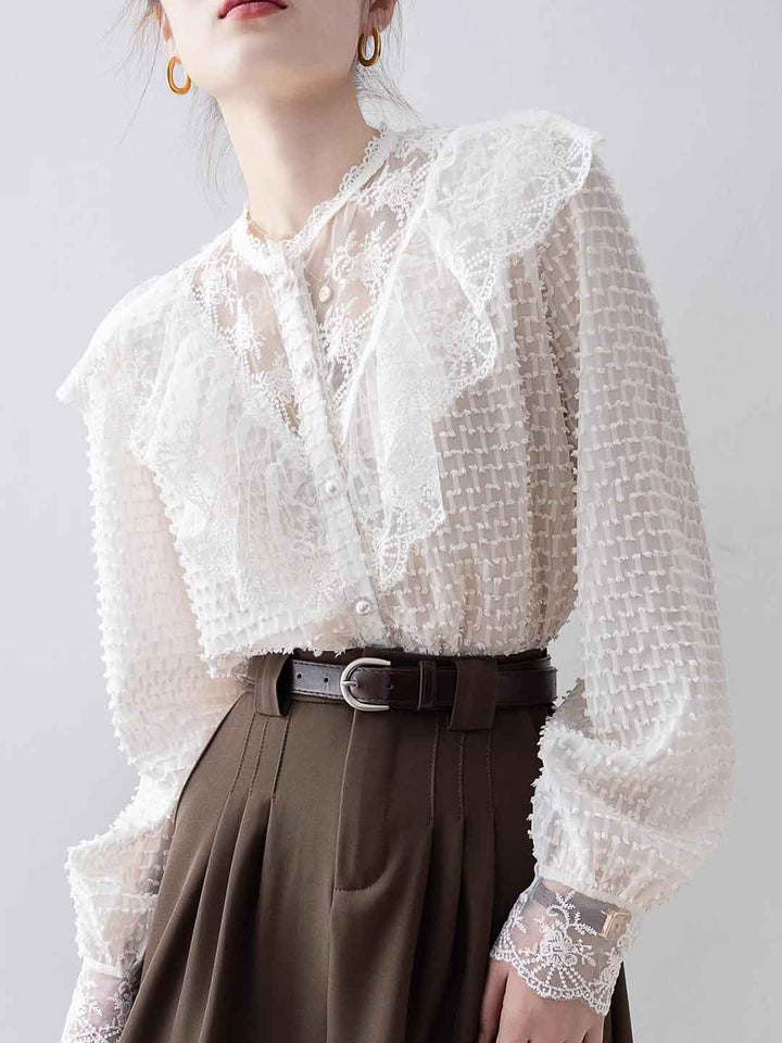 Olivia Vintage Crew Neck Lace Ruffle Mesh Shirt