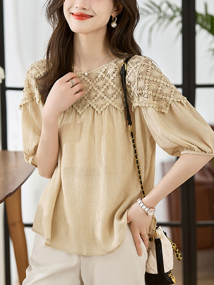 Sophie Loose Chiffon Lace Blouse-Apricot