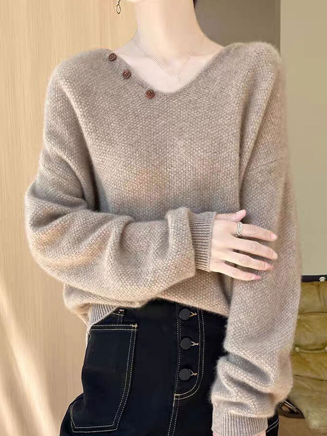 Ashley Loose V-neck Lantern Sleeve Button Knitted Sweater