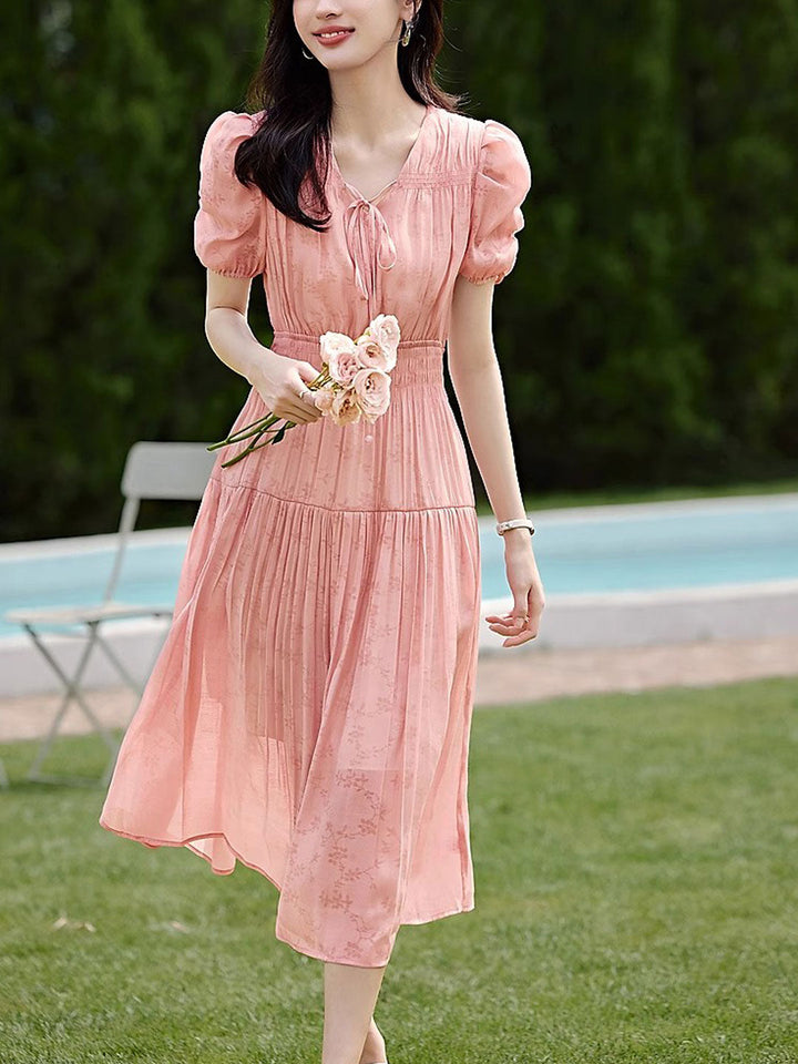 Grace Retro V-Neck Puff Sleeve Pleated Tie Dress