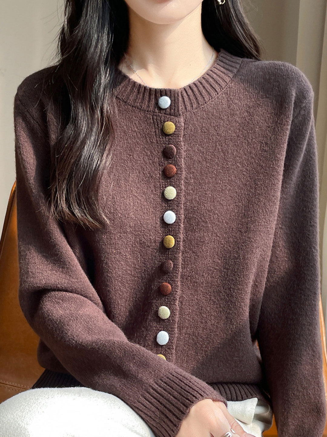 Sophia Classic Crew Neck Colorful Button Knitted Cardigan