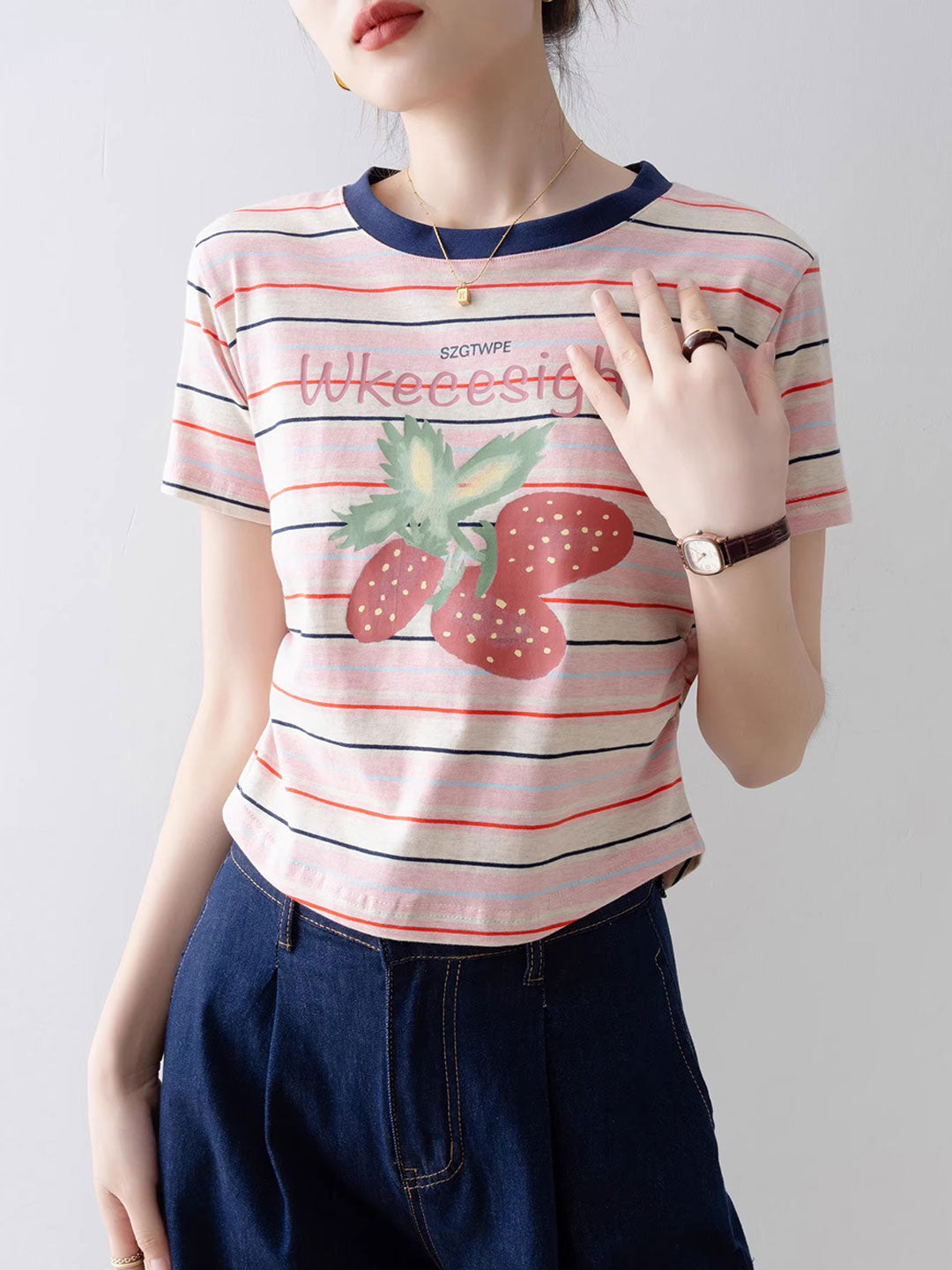 Brianna Cute Crew Neck Striped Printed Top