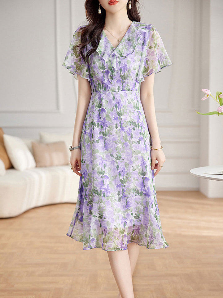 Joyce V-Neck Floral Printed Ruffle Maxi Tea Dress