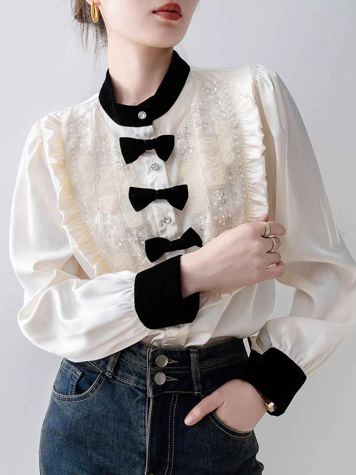 Mya Vintage Crew Neck Puffer Sleeve Satin Beaded Shirt