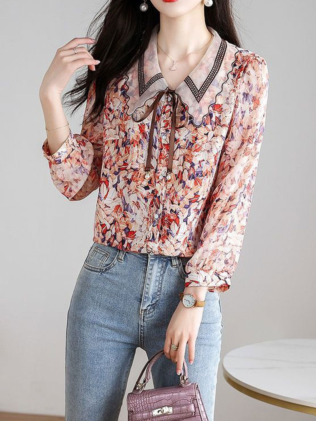 Rachel Classic Printed Floral Chiffon Shirt-Red