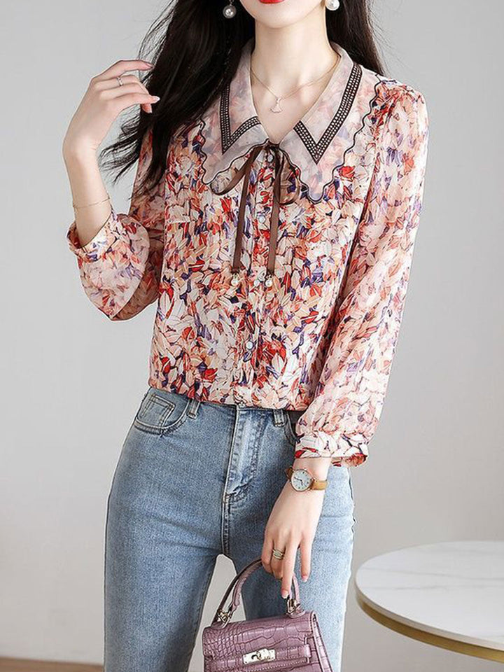 Rachel Classic Printed Floral Chiffon Shirt-Red