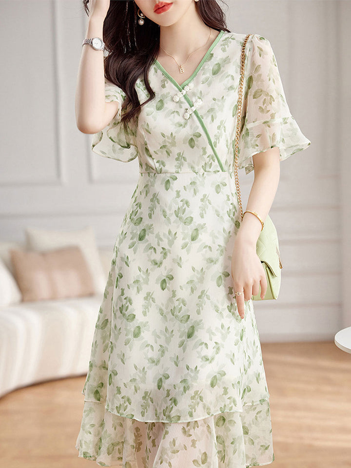 Brianna Elegant Flare Sleeve Printed Chiffon Dress