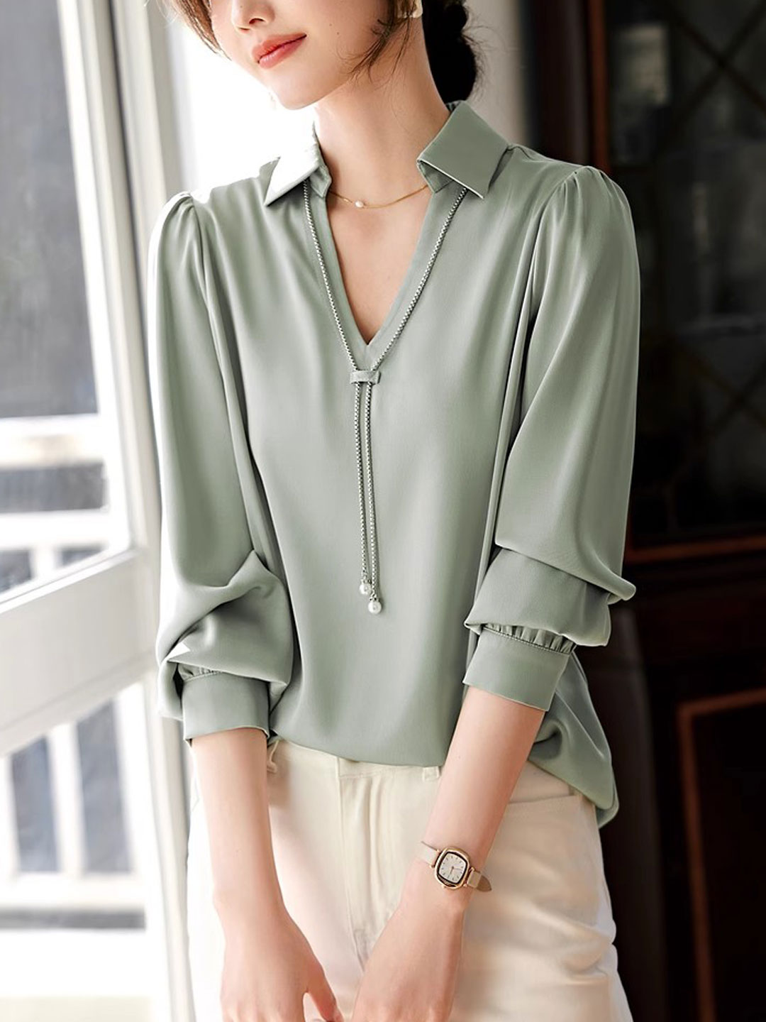 Claire Elegant V-Neck Satin Shirt