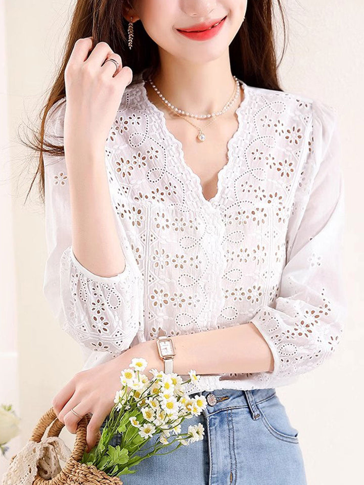 Kayla Retro V-Neck Embroidered Hollowed Top