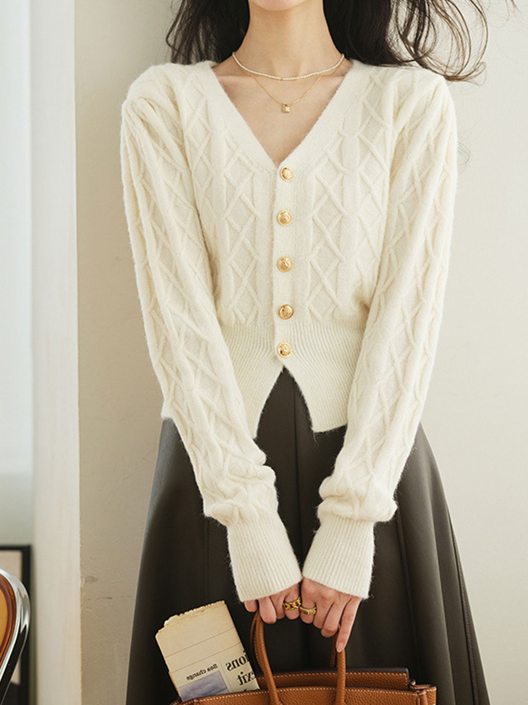 Paige Vintage V-Neck Knitted Cable Cardigan