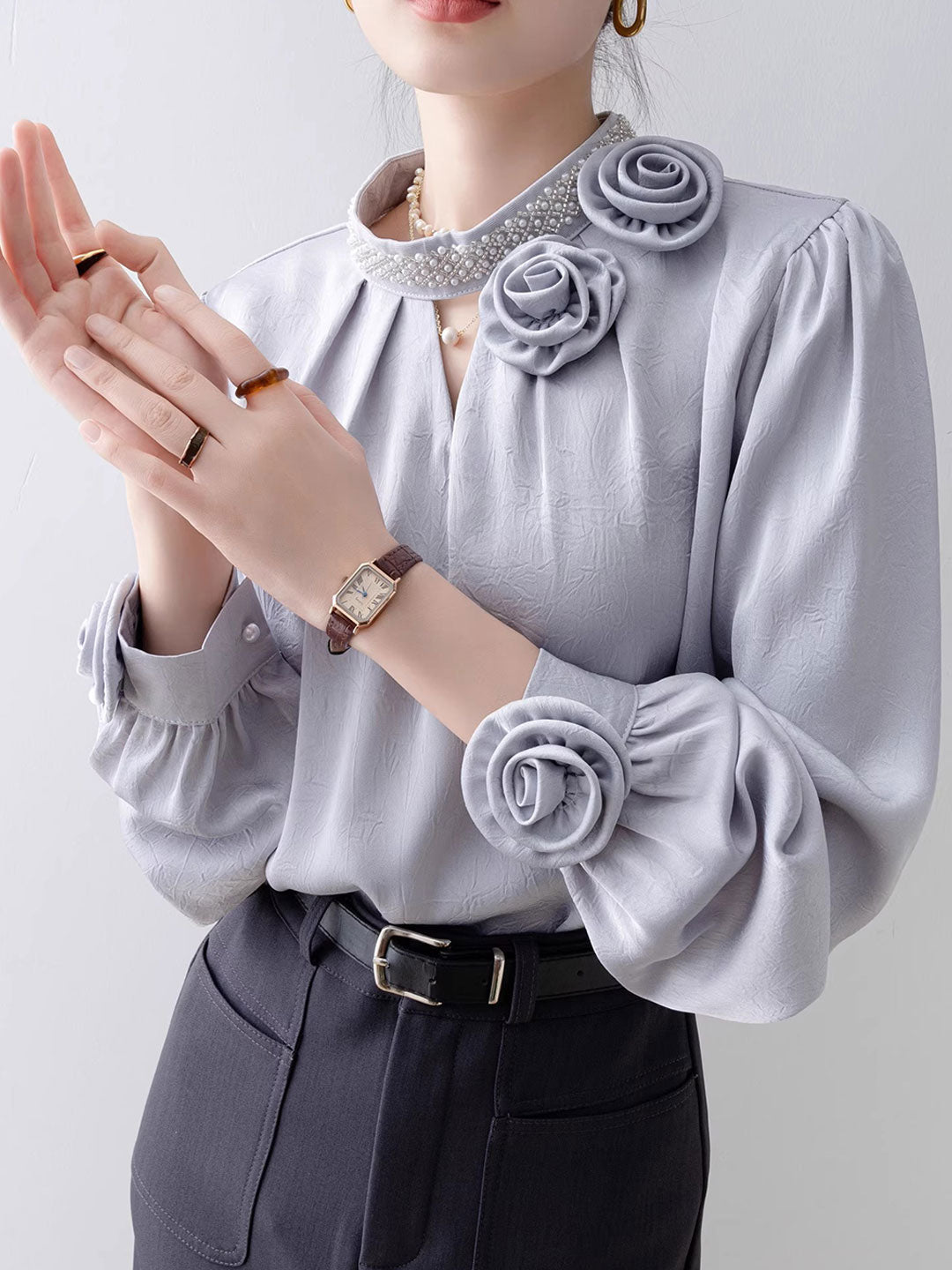 Bella Loose Solid Color Beaded Flower Embossed Shirt