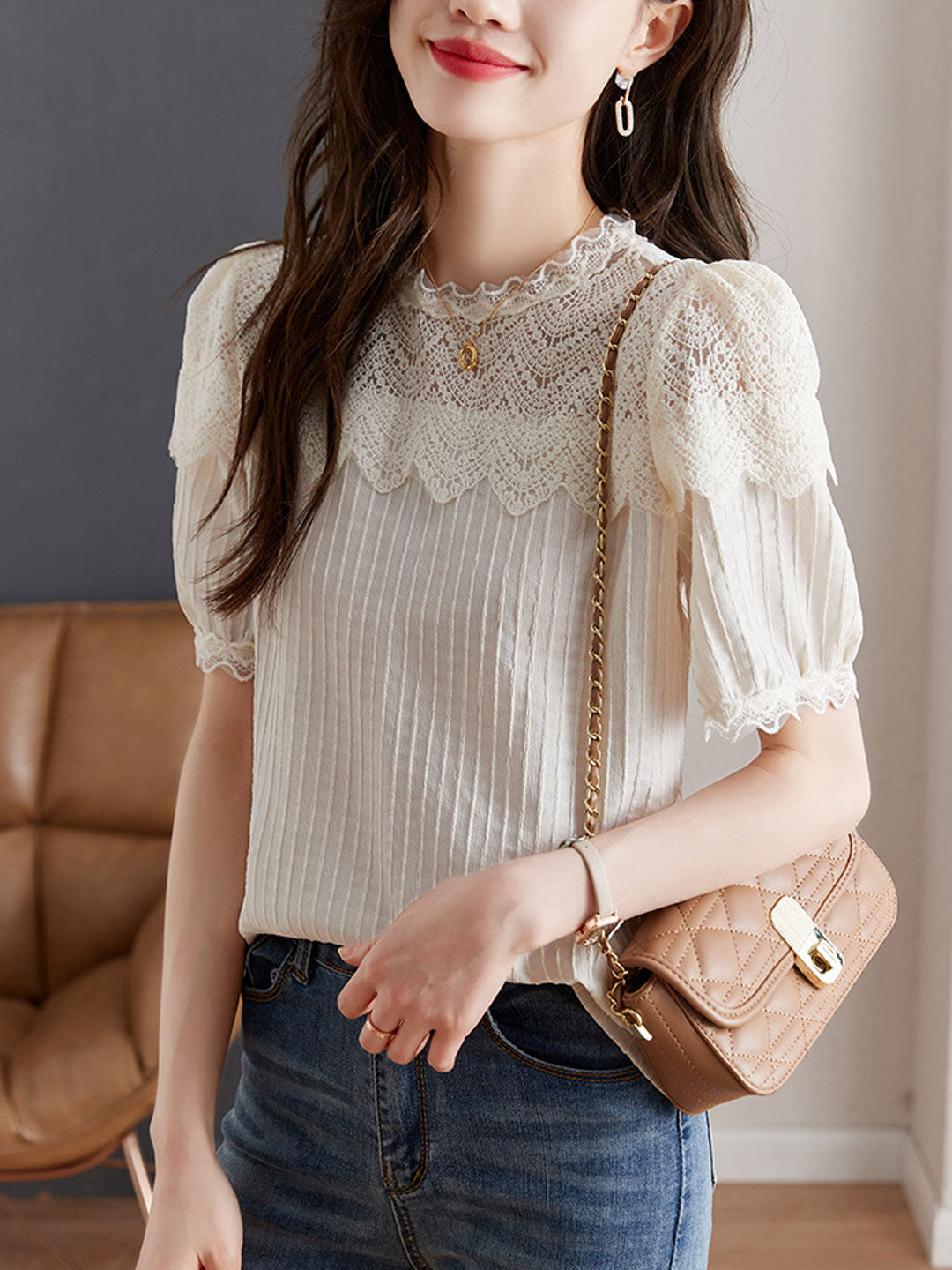 Mia Classic Crew Neck Puff Sleeve Lace Chiffon Top