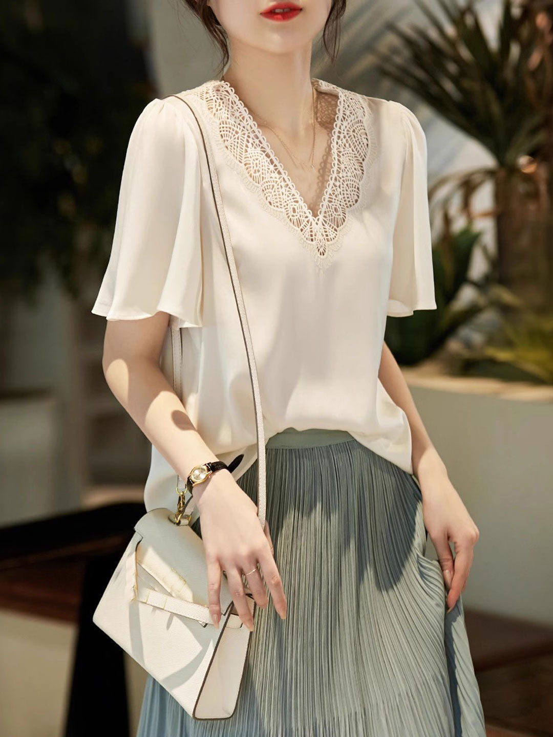 Taylor Elegant V-Neck Hollow Embroidered Chiffon Top