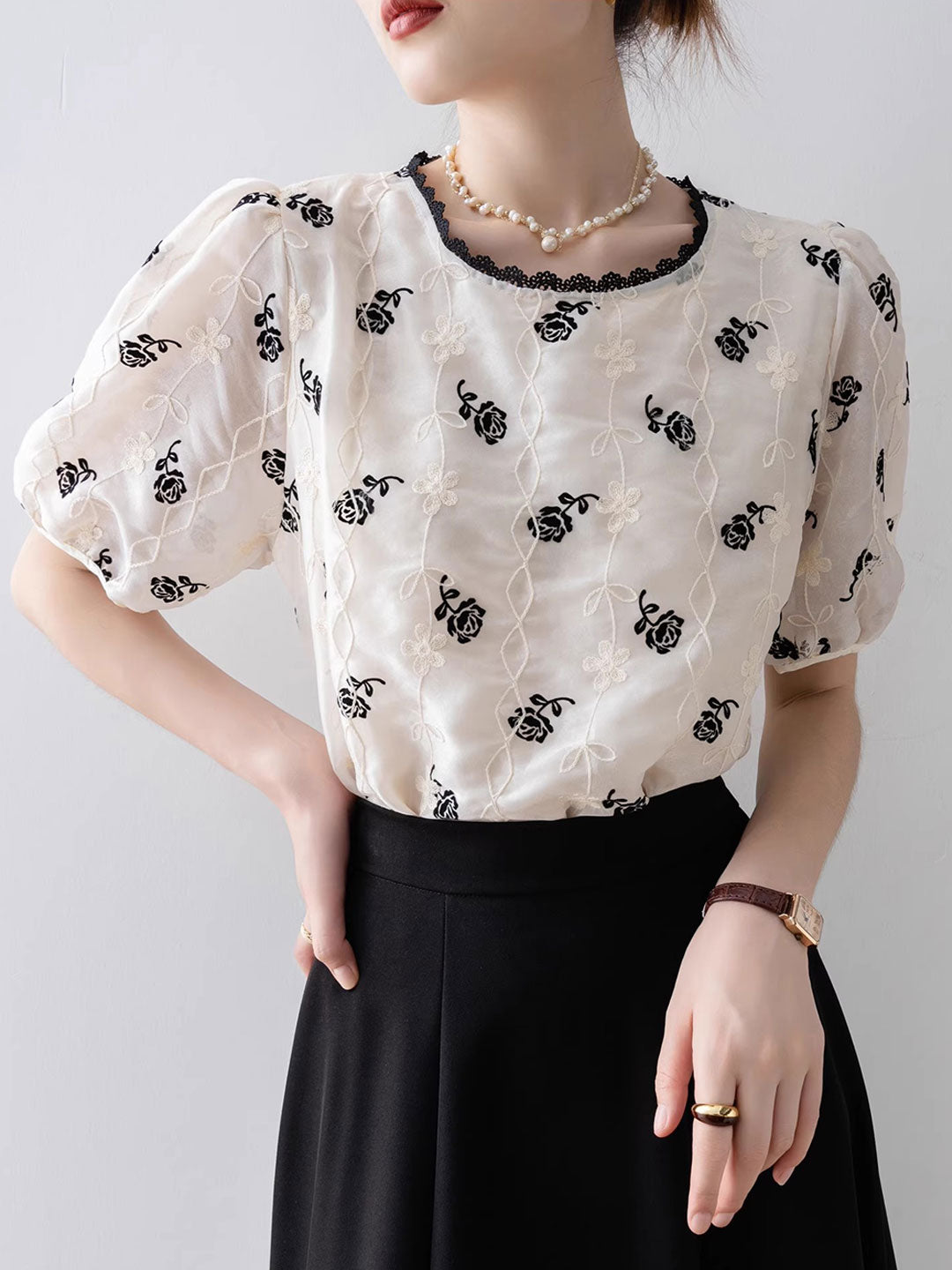 Mariah Vintage Puff Sleeve Embroidered Chiffon Top