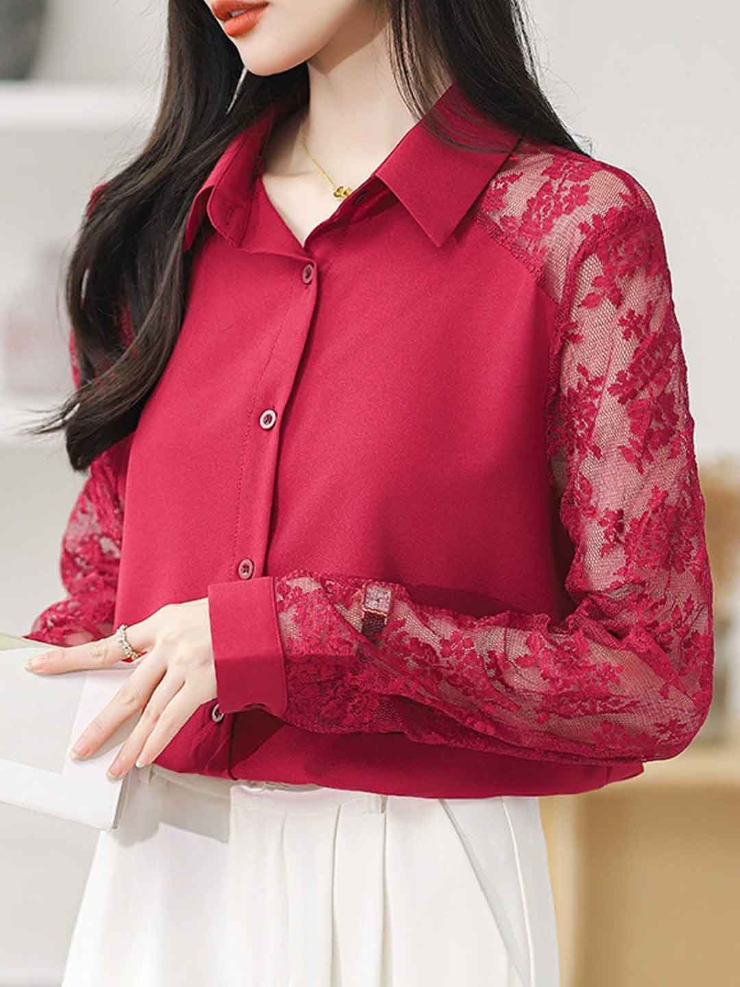 Sophie Loose Lapel Panel Lace Chiffon Shirt