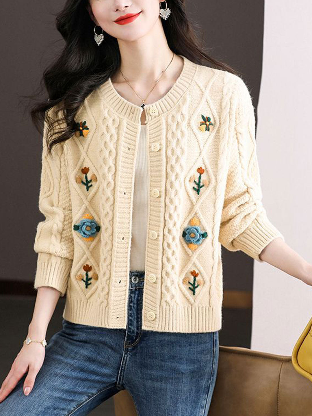 Jocelyn Retro Crew Neck Embroidered Knitted Cardigan