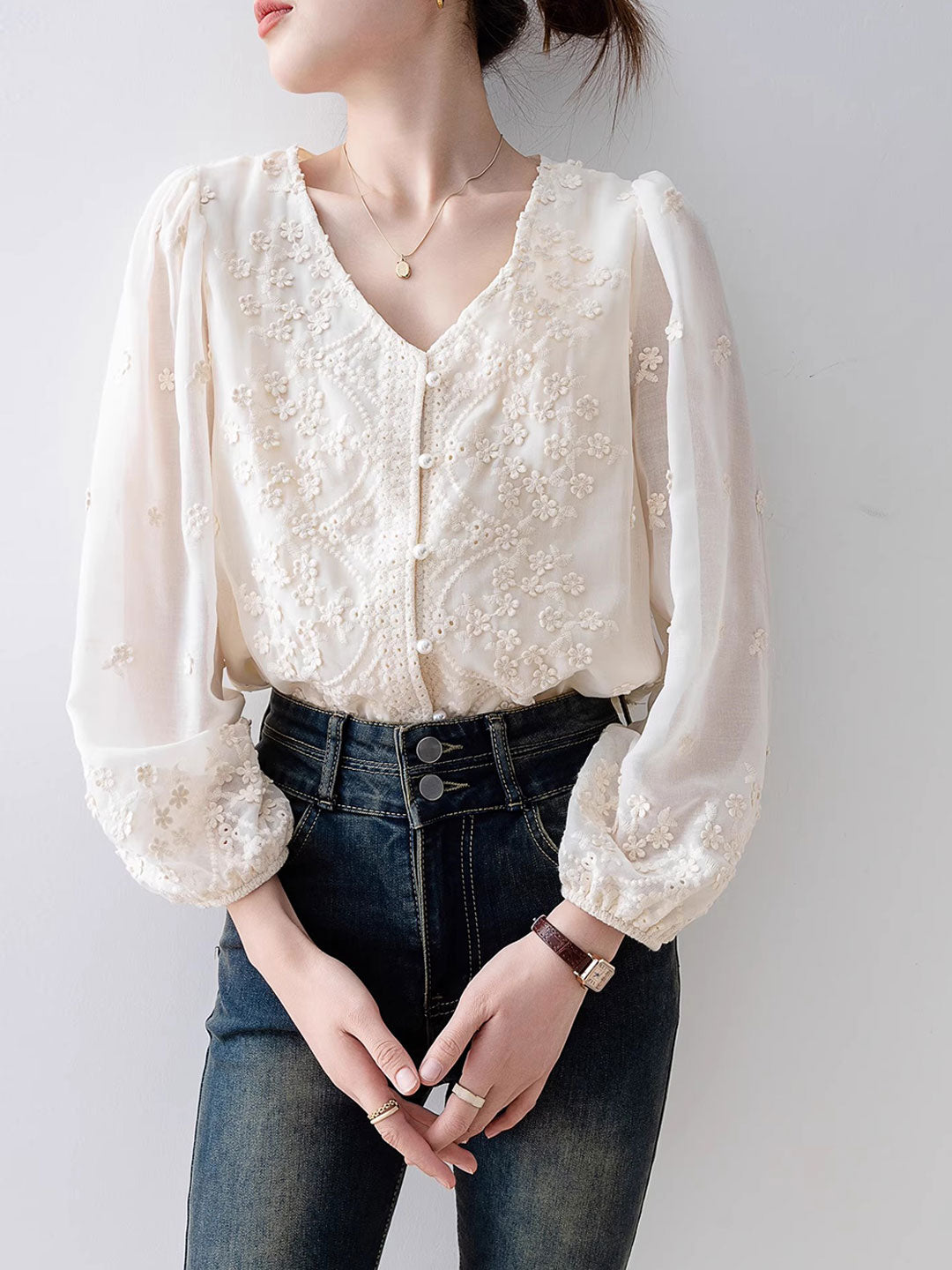 Taylor Retro V-Neck Lace Chiffon Blouse