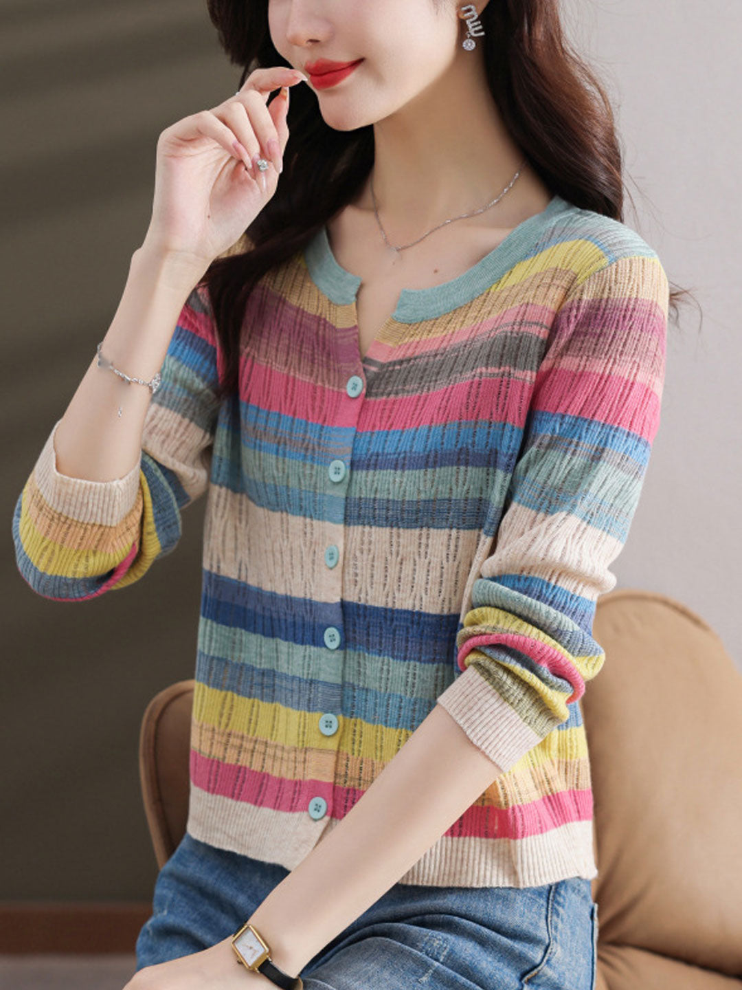 Hannah Classic Crew Neck Striped Knitted Cardigan