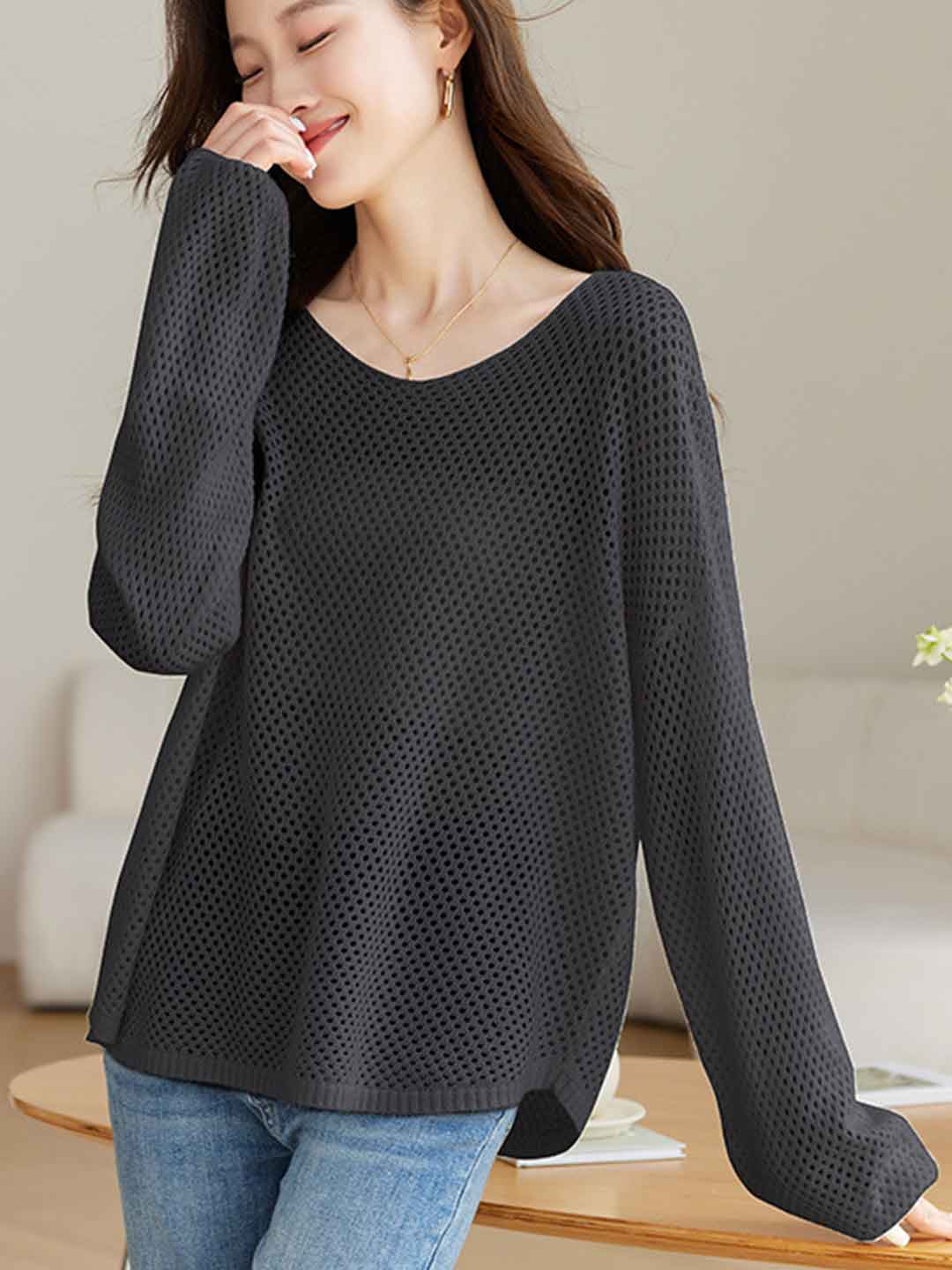 Andrea Loose Crew Neck Hollowed Knitted Top