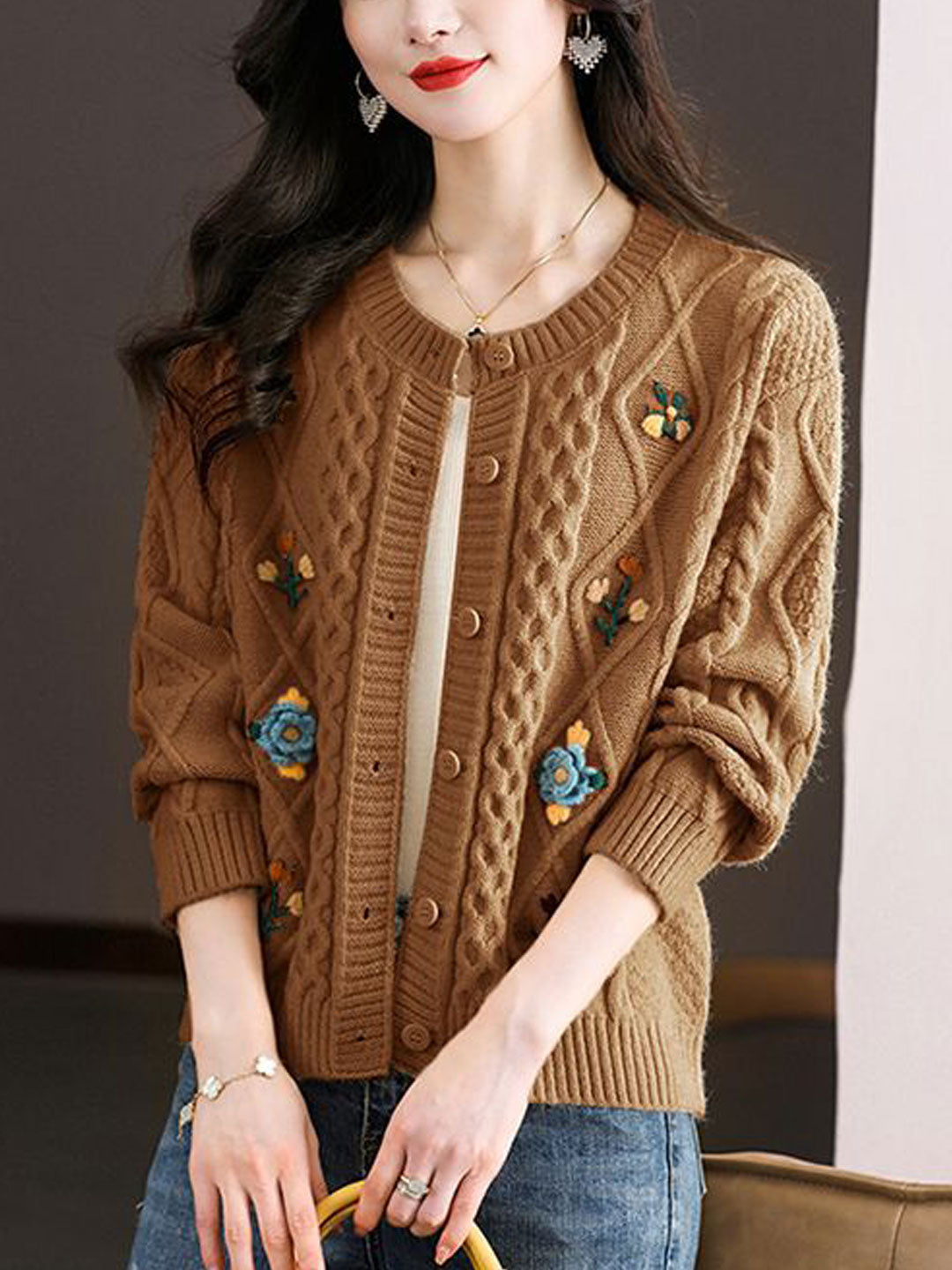 Jocelyn Retro Crew Neck Embroidered Knitted Cardigan