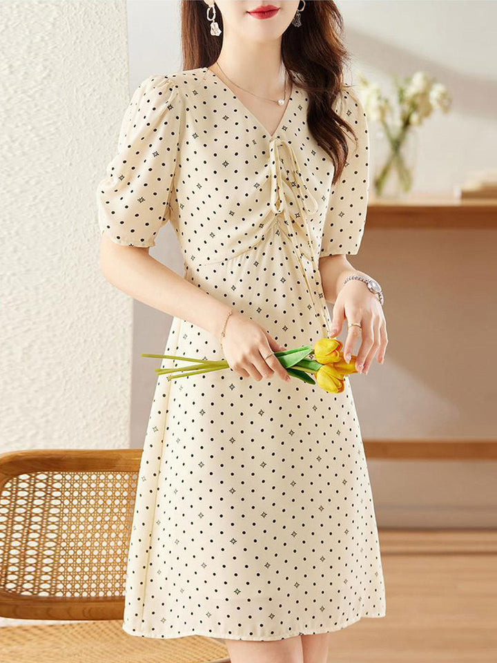 Claire Cute V-Neck Puff Sleeve Polka Dot Dress