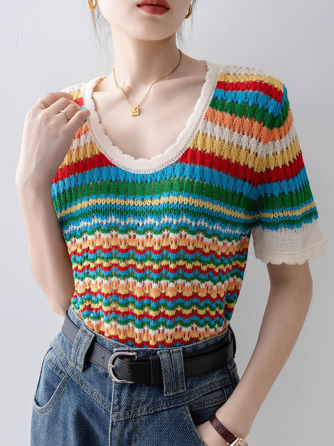 Nevaeh Classic Rainbow Striped Hollowed Knitted Top