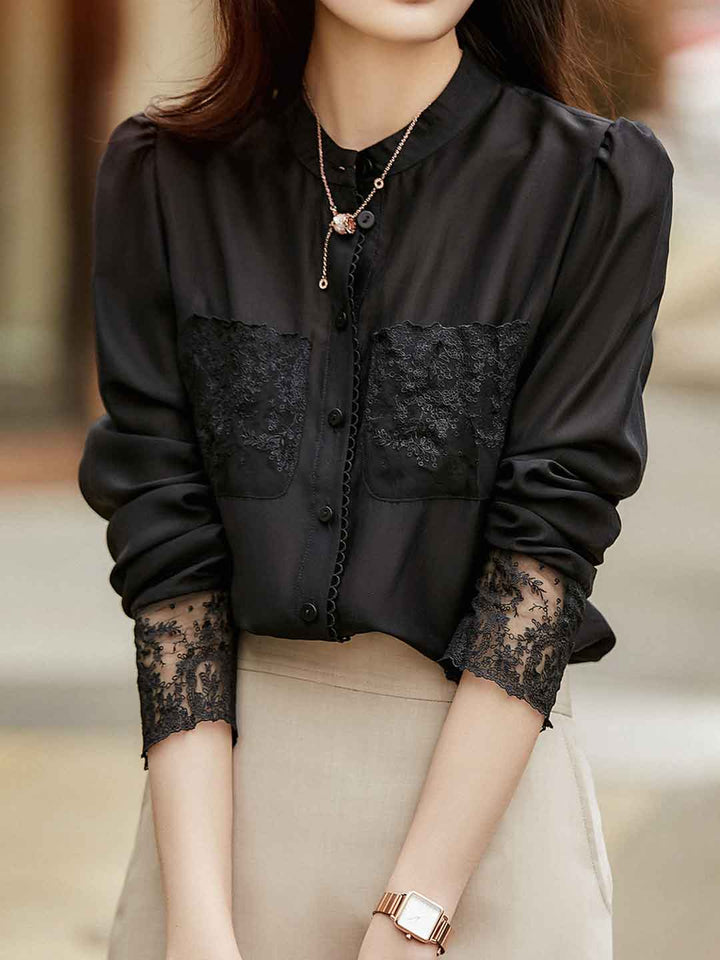 Jocelyn Retro Crew Neck Lace Embroidered Chiffon Shirt