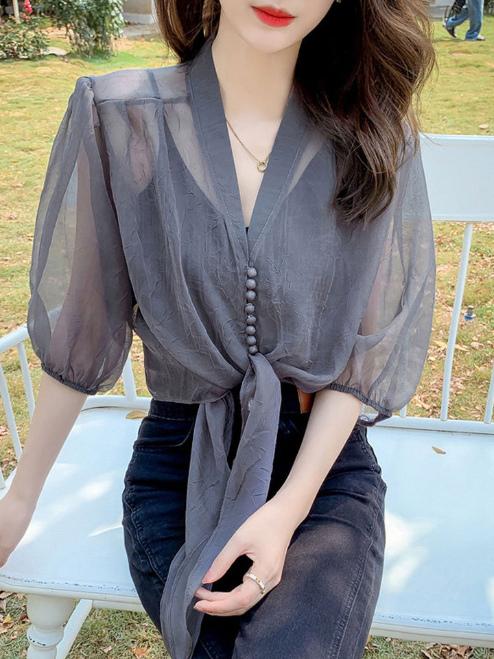 Alyssa Retro V-Neck Lantern Sleeve Chiffon Shirt