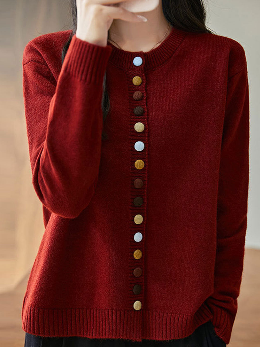 Brooke Loose Crew Neck Knitted Cardigan-Red