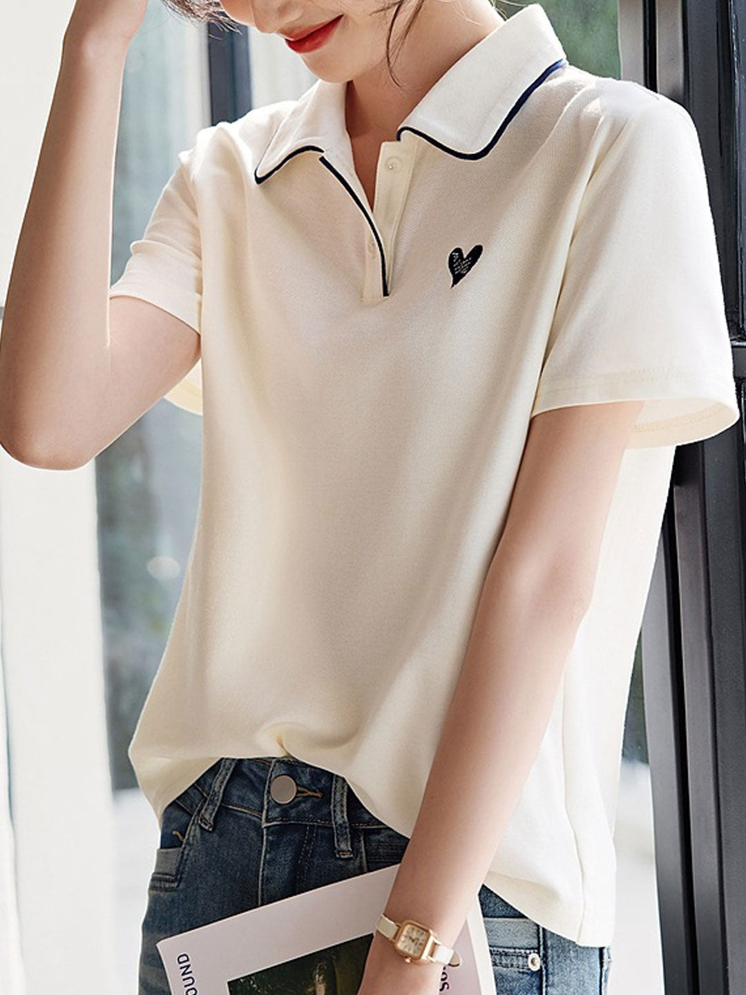 Anna Casual Polo Collar Hearted Top