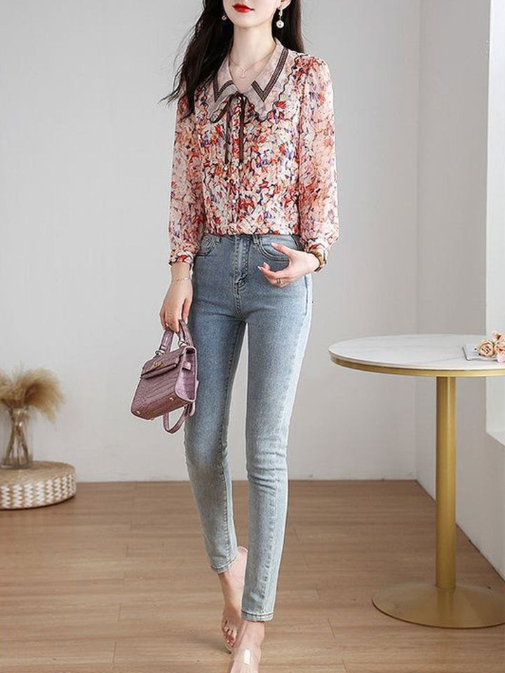 Rachel Classic Printed Floral Chiffon Shirt-Red