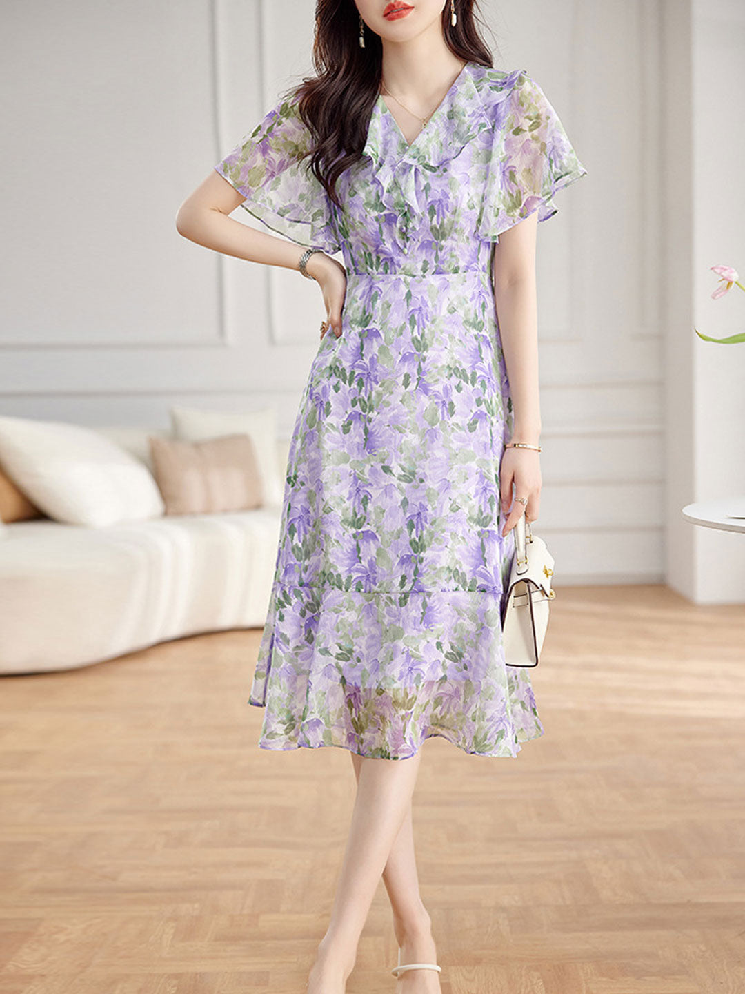 Joyce V-Neck Floral Printed Ruffle Maxi Tea Dress