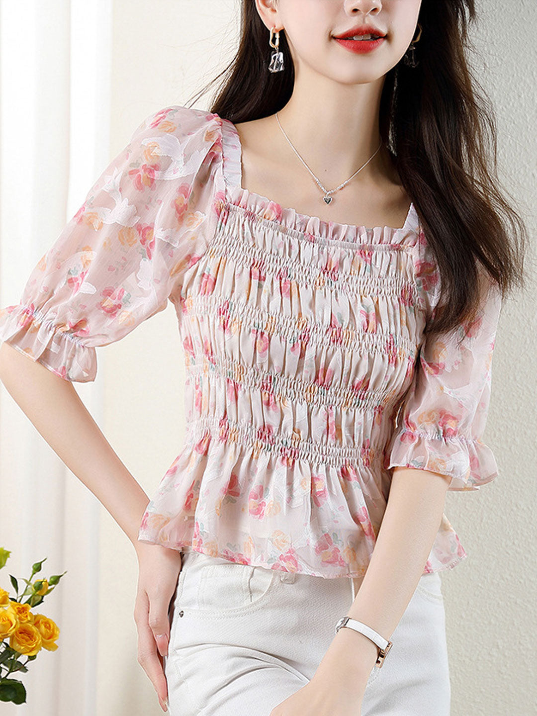 Amelia Retro Square Collar Floral Printed Blouse