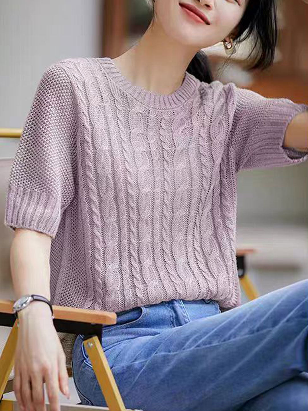 Angelina Loose Crew Neck Twisted Hollowed Knitted Top