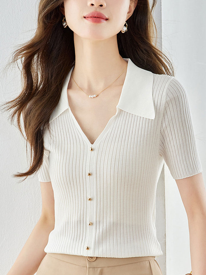 Madison Classic V-Neck Paneled Striped Knitted Top