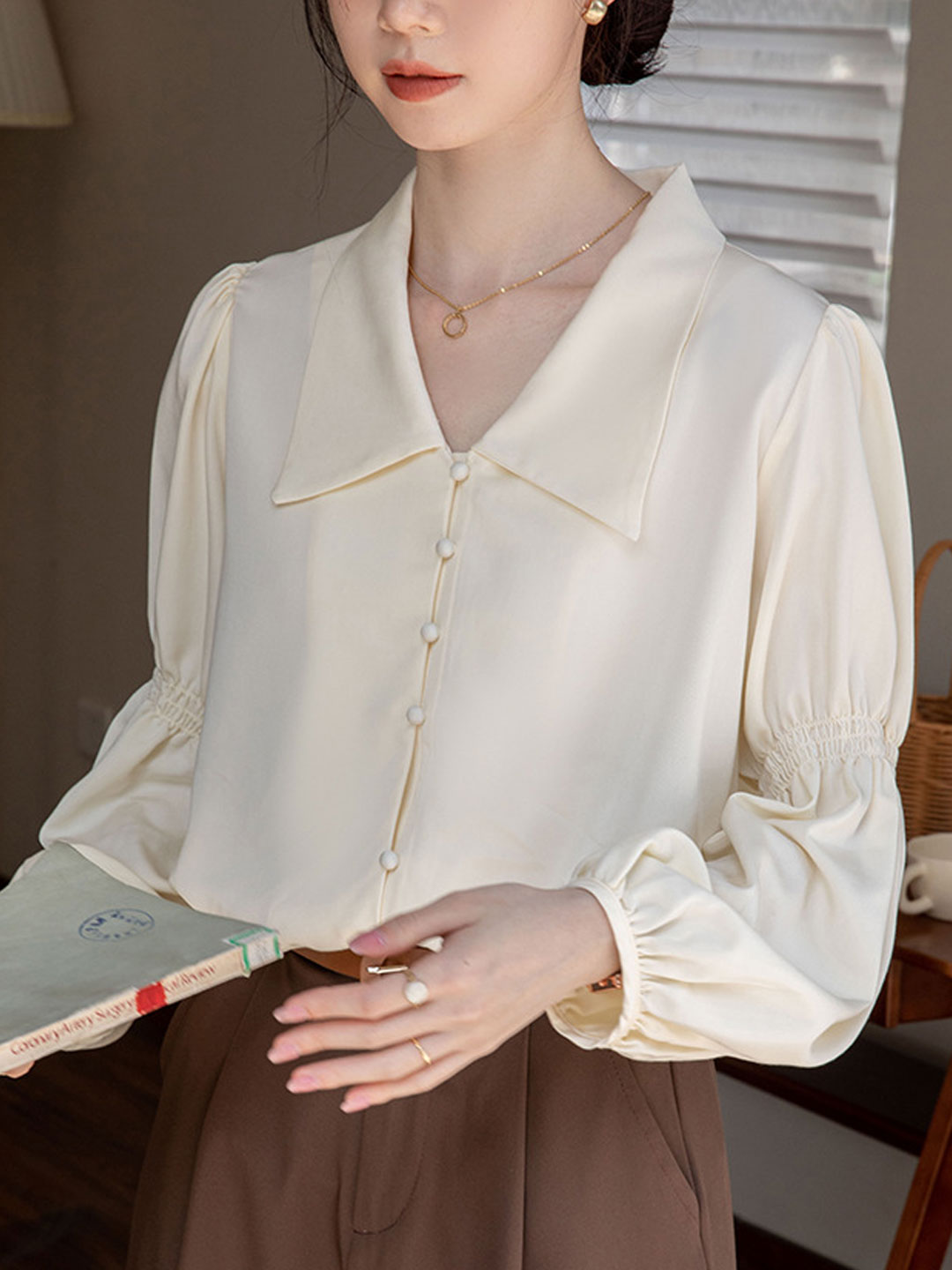 Olivia Lapel Loose Balloon Sleeve Chiffon Blouse