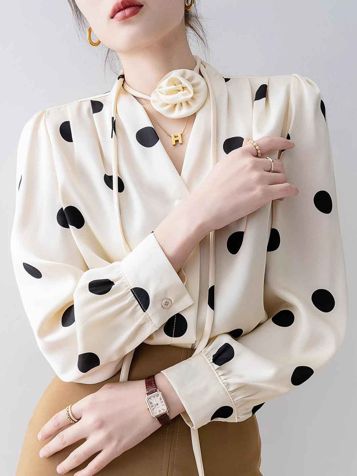 Faith Loose V-Neck Satin Polka Dot Shirt