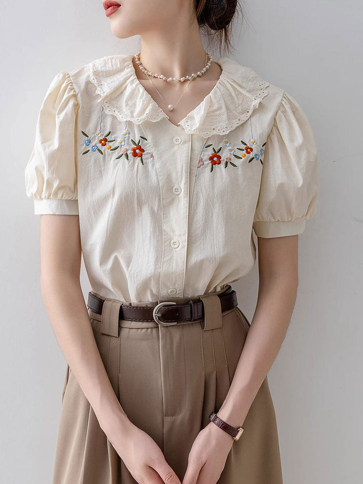 Melanie Retro Doll Collar Embroidered Lace Top