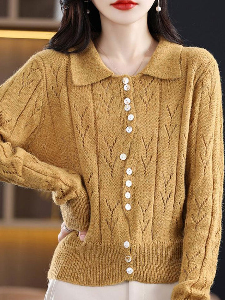 Natalie Polo Collar Solid Color Hollowed Knitted Cardigan