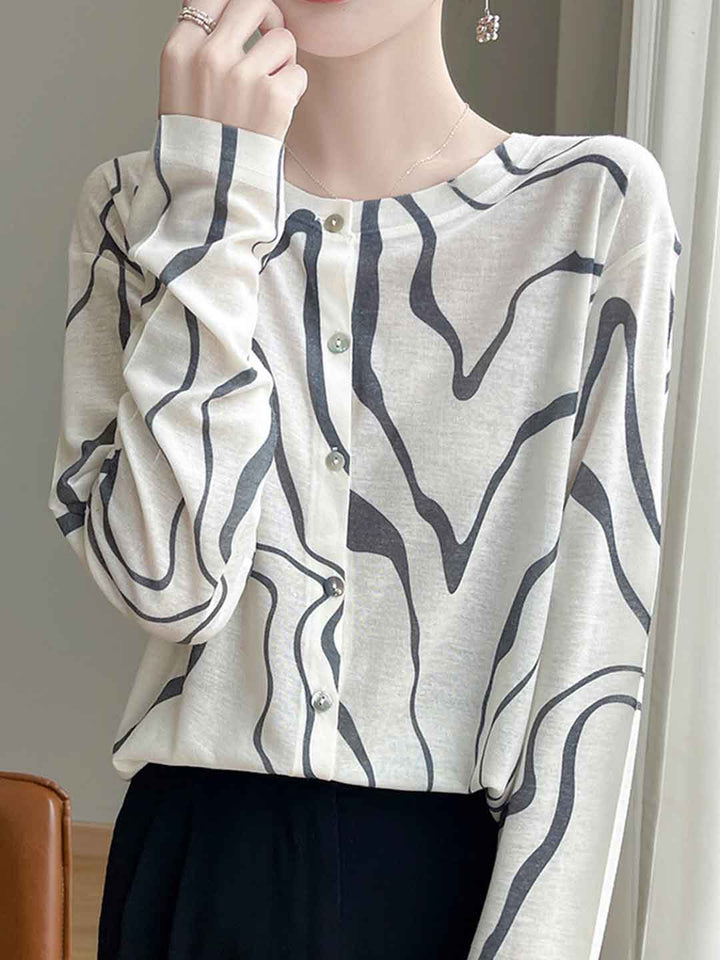 Lauren Casual Crew Neck Printed Knitted Cardigan