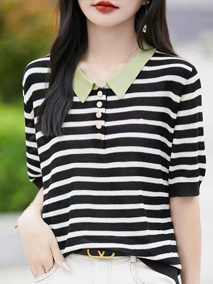 Mia Casual Polo Collar Striped Knitted Top