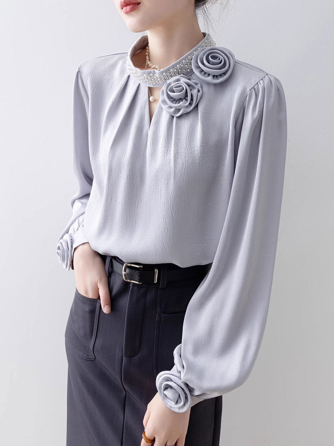 Bella Loose Solid Color Beaded Flower Embossed Shirt