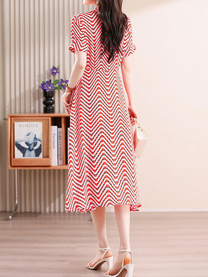 Caroline Casual V-neck Plaid Printed Chiffon Dress