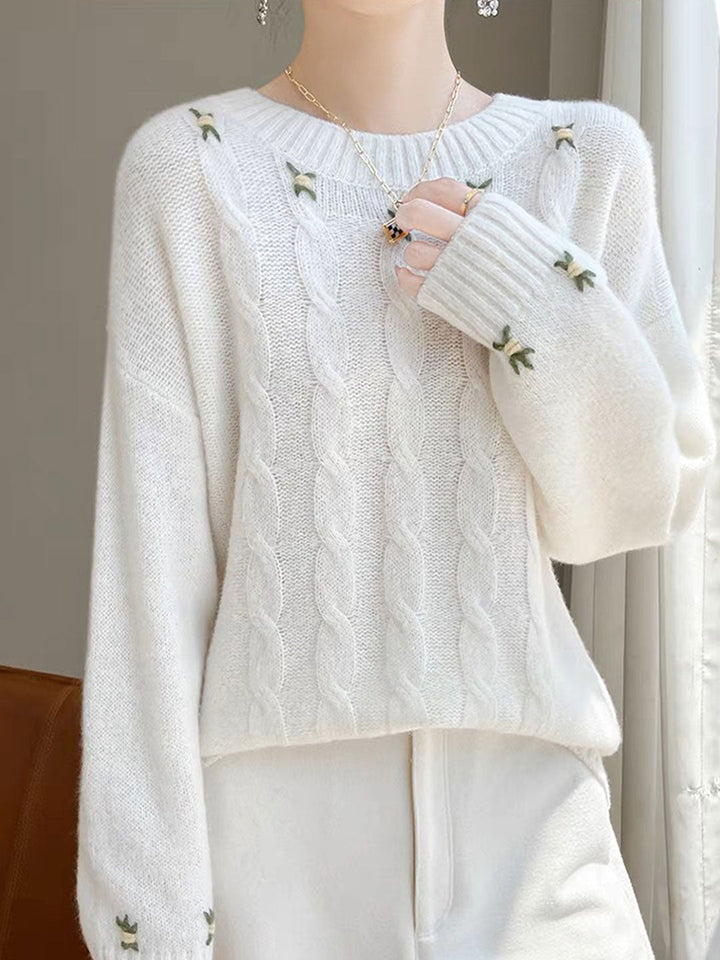 Bella Floral Crew Neck Solid Color Knitted Sweater-White