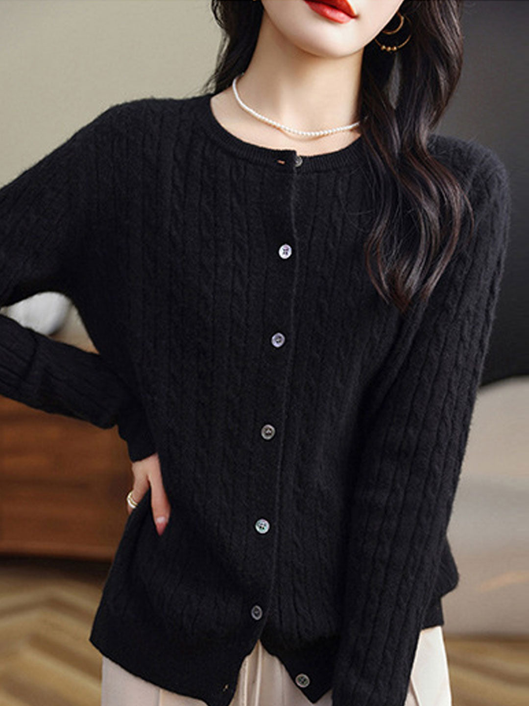 Claire Casual Crew Neck Solid Color Knitted Cardigan