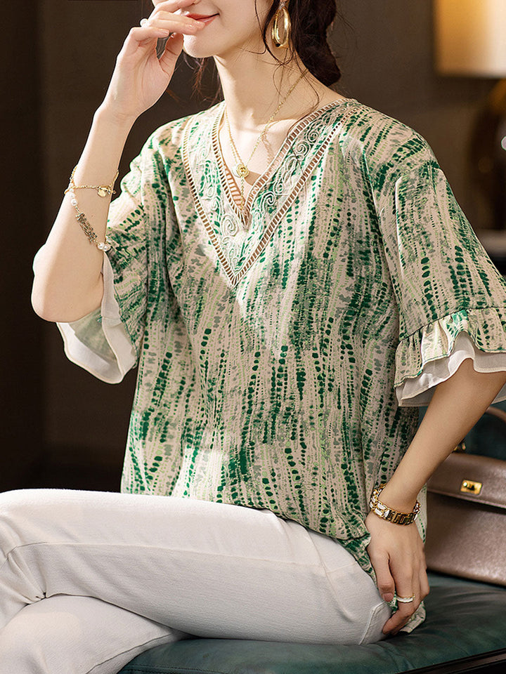 Taylor Loose V-Neck Ruffle Sleeve Printed Chiffon Top