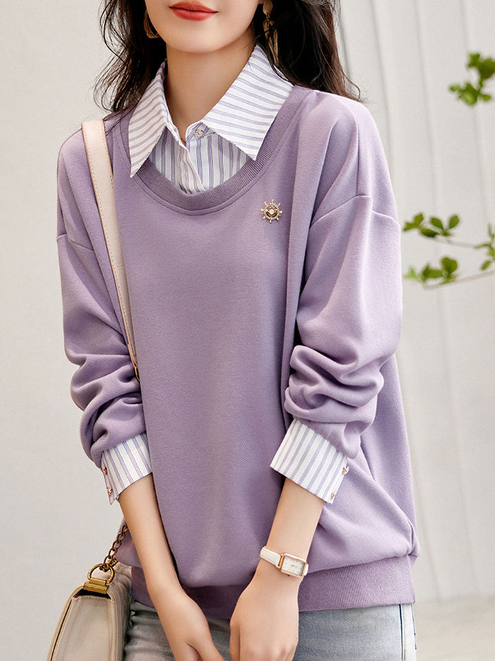 Isabella Casual Patchwork Striped Sweatshirt-Purple