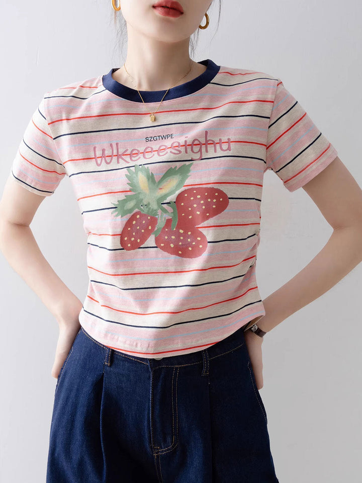 Brianna Cute Crew Neck Striped Printed Top