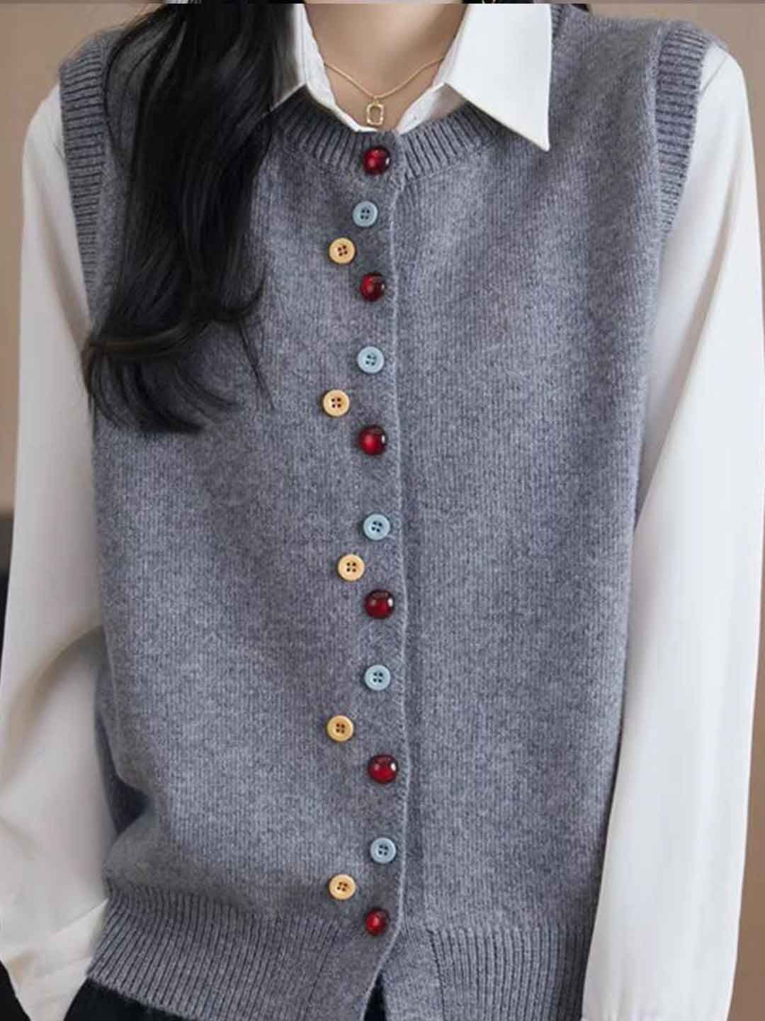 Sarah Classic Crew Neck Colorful Button Knitted Vest